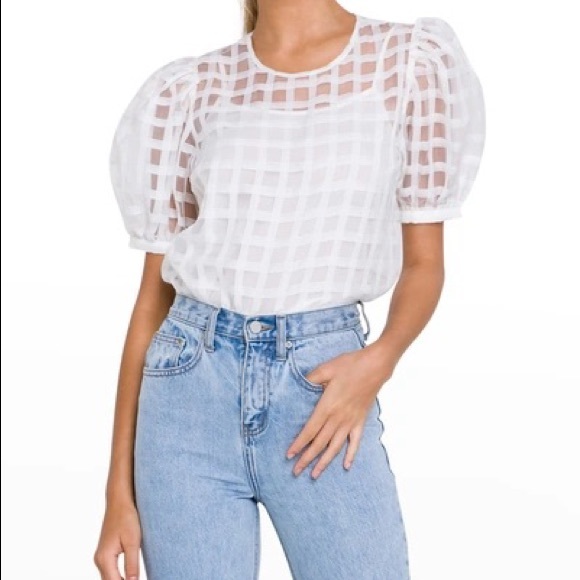 English Factory Tops - English Factory Organza Check Puff-sleeve Top In White